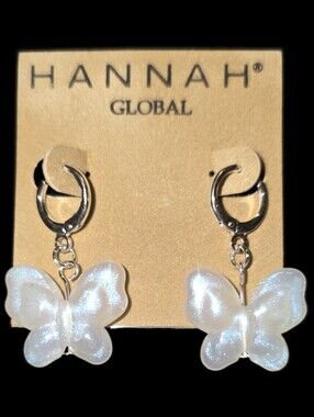 Iridescent White Butterfly Hoop Drop Earrings